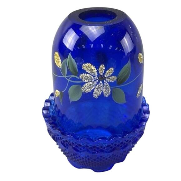 Fenton Fairy Lamp Cobalt Blue Hand Painted Flowers Signed 4.5" Tall Floral - Picture 1 of 4